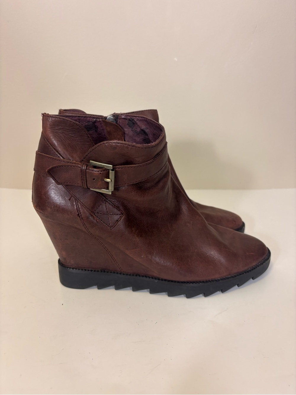 Ash Cherry Brown Leather Wedge Iona Ankle Boots with Buckle Strap Size 40 = 10